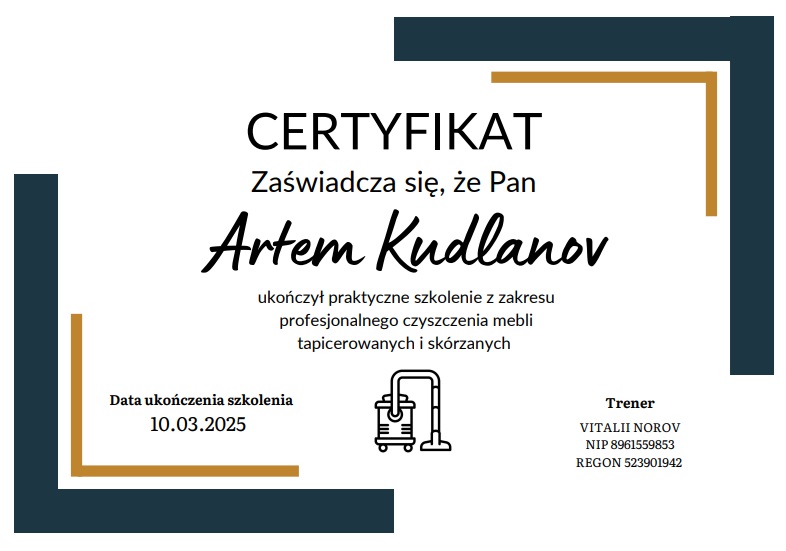 Certyfikat potwierdzający kwalifikacje z profesjonalnego prania tapicerki i dywanów