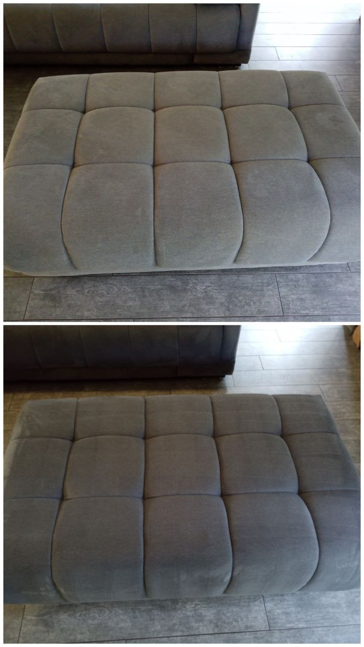 Szara sofa przed i po czyszczeniu tapicerki