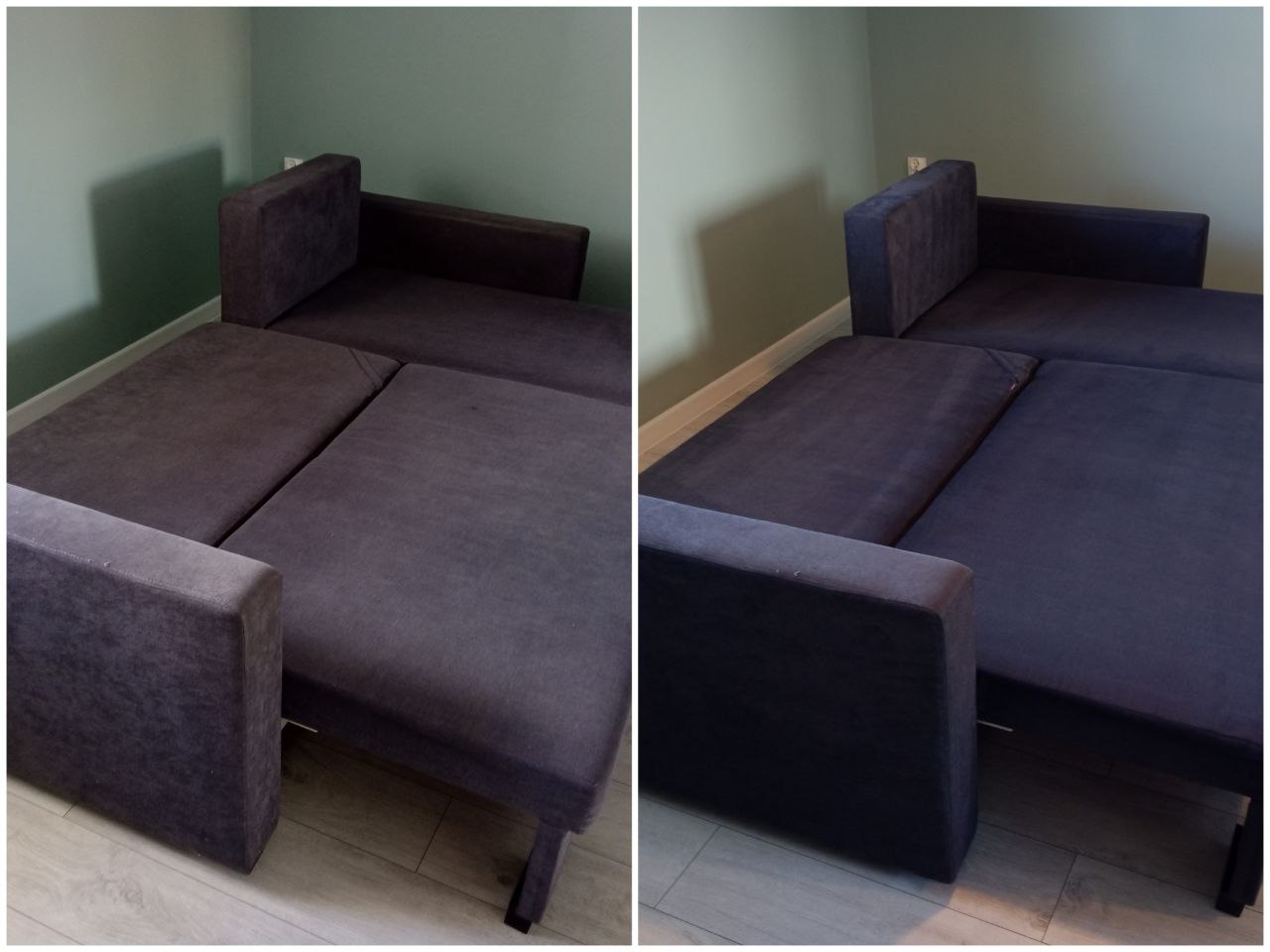 Ciemnofioletowa sofa przed i po praniu tapicerki