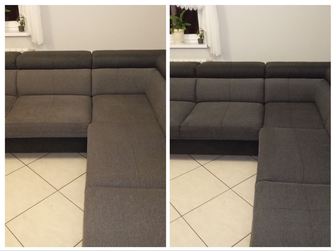 Szara sofa przed i po praniu zabrudzonej tapicerki
